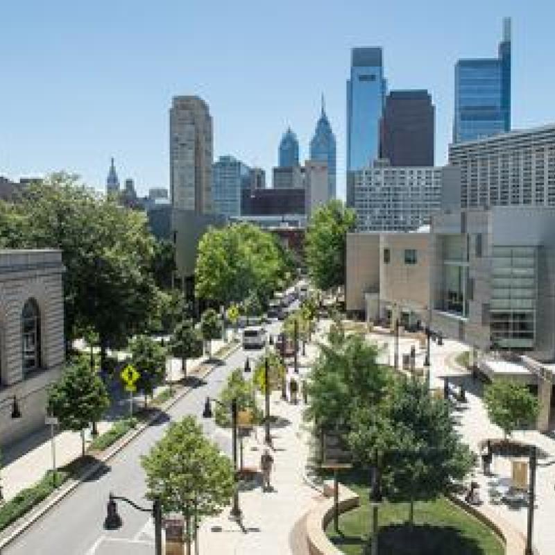 Community College of Philadelphia campus featuring a city skyline in the background