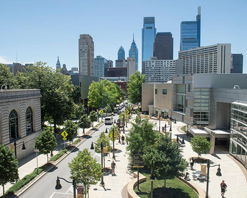 View of city skyline from Main Campus at 17th and Spring Garden Streets 